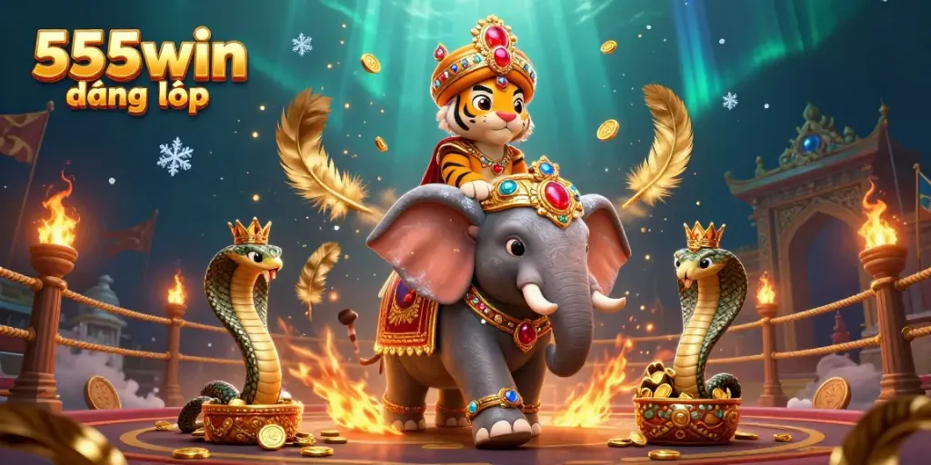 Experience the thrill of 555win đăng nhập with an exciting scene featuring a maharaja, an elephant, and a cobra in a dynamic casino setting.
