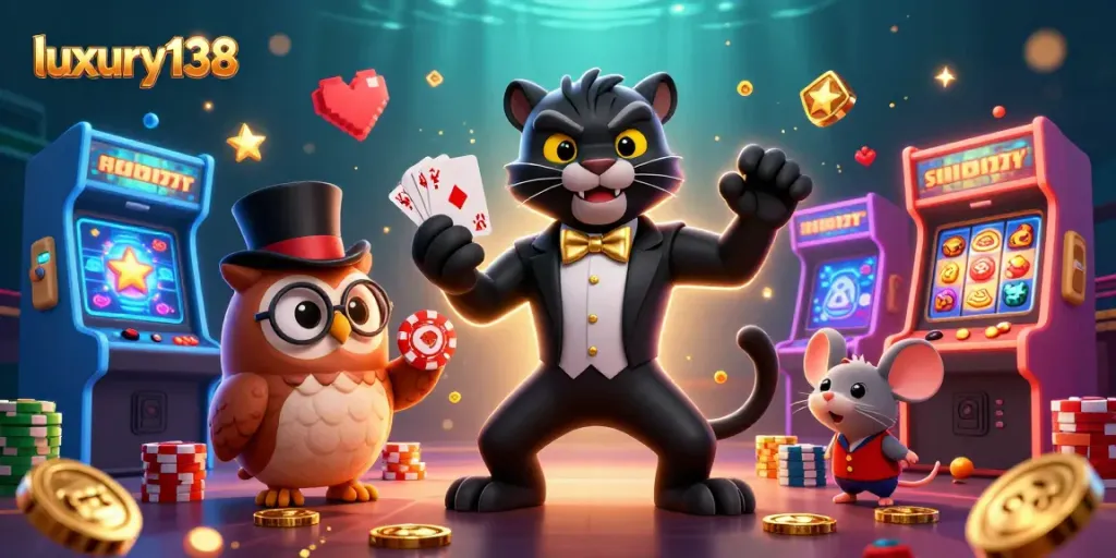 Win big with luxury138 as a stylish black panther deals cards in a vibrant casino scene.