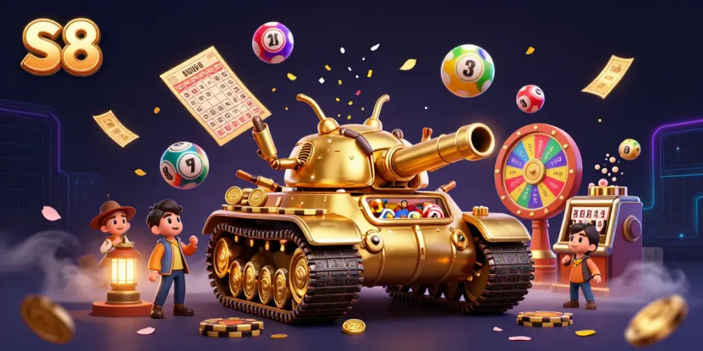 Engage with S8's vibrant casino experience amidst confetti and colorful gaming elements.