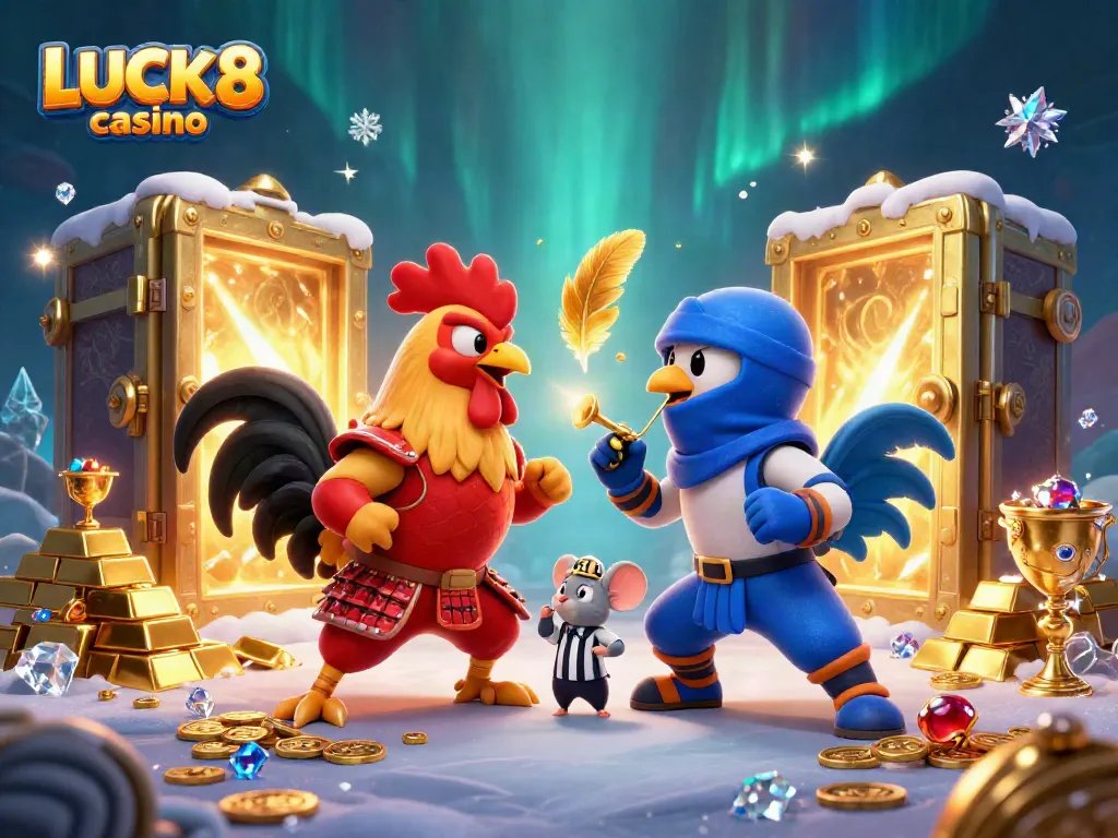 Experience the excitement of LUCK8 casino with dynamic fighting roosters amid sparkling treasures and vibrant graphics.