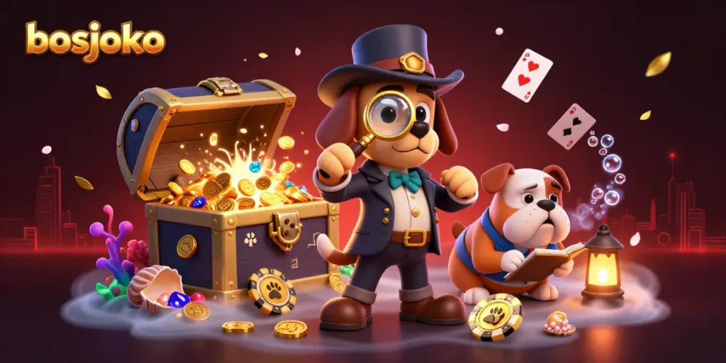 Engage with bosjoko's exciting treasure hunt in this vibrant 3D casino illustration featuring a detective and clues.