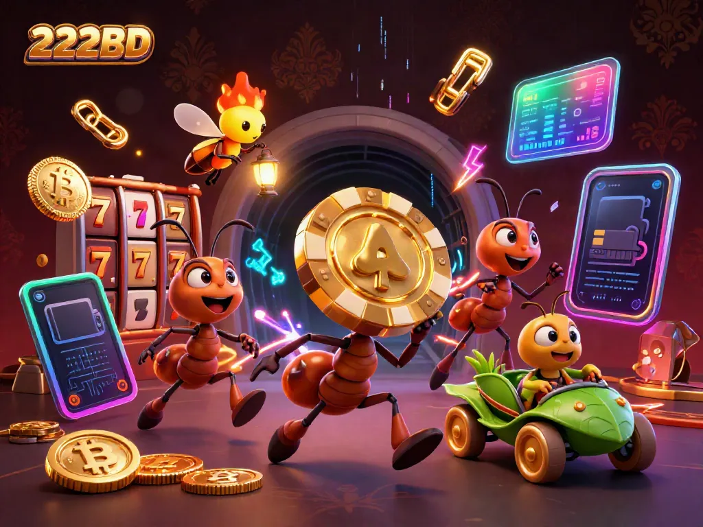 Engaging 3D scene depicting 222BD heist with ants, poker chip, and crypto elements.