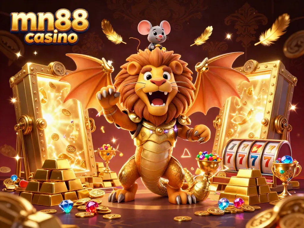 Experience the thrill at mn88 casino with a vibrant 3D scene featuring a golden chimera and treasure elements.