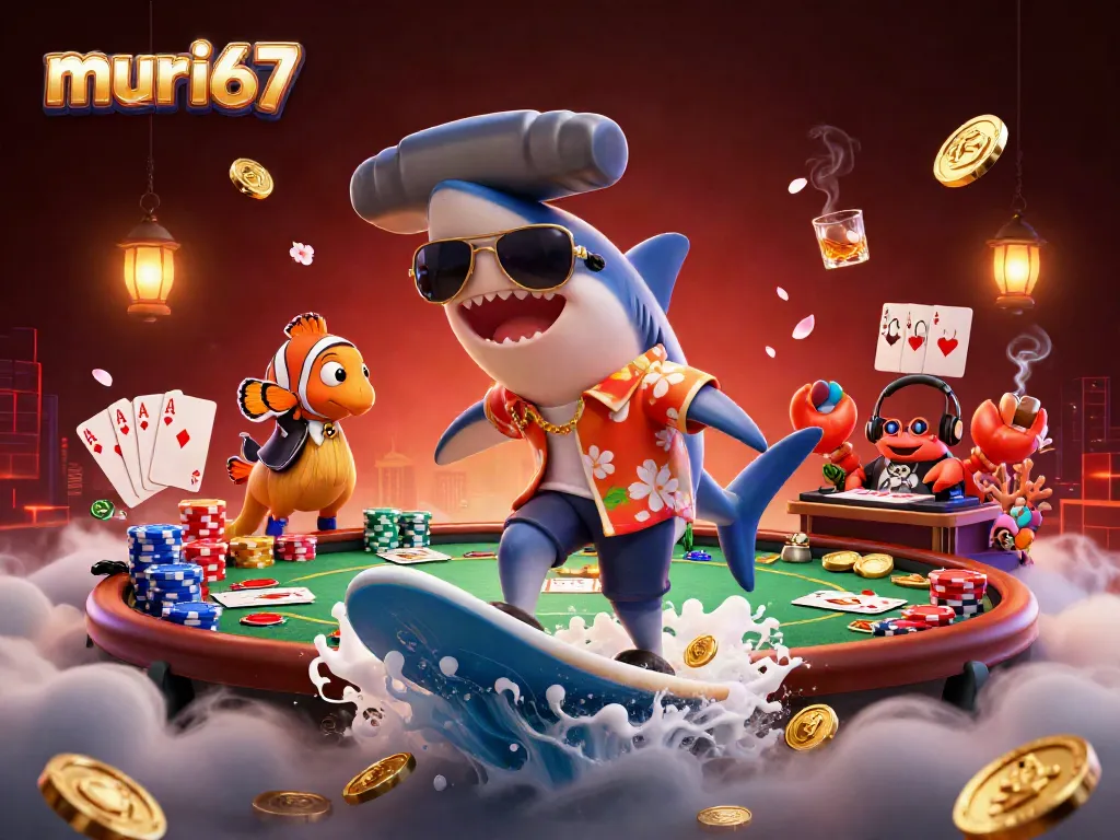 Experience the excitement of murai67 with a 3D cartoon scene featuring gambling elements and underwater fun.
