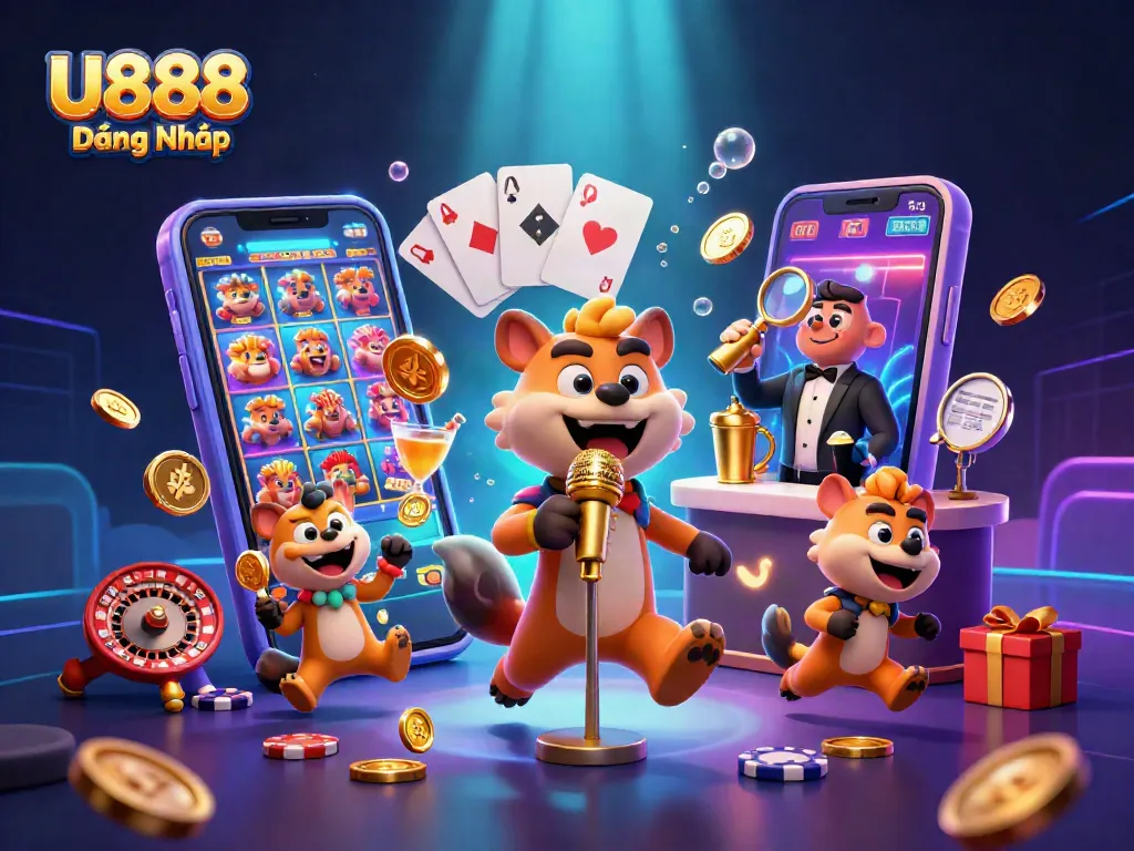 Experience thrilling moments at U888 Đăng Nhập with casino games, vibrant scenes, and lively characters.