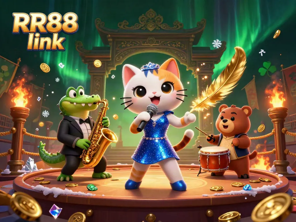 Jazz-singer cat with a microphone and lively characters representing the RR88 link scene in a vibrant casino setting.
