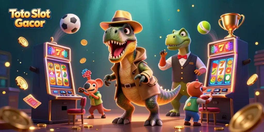 Toto Slot Gacor menampilkan velociraptor di mesin slot dengan pit boss dino dan pencopet kecil yang menyelinap.