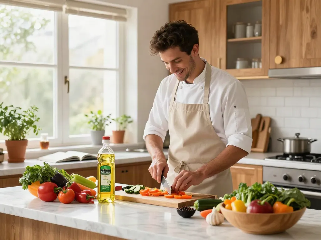 Proses memasak sehat dengan merdeka123 di dapur modern, menampilkan sayuran segar dan minyak berkualitas premium.
