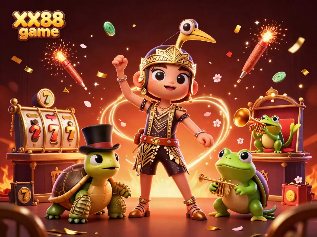 Experience the excitement of XX88 game with vibrant 3D slot reels and lively characters in a festive casino scene.