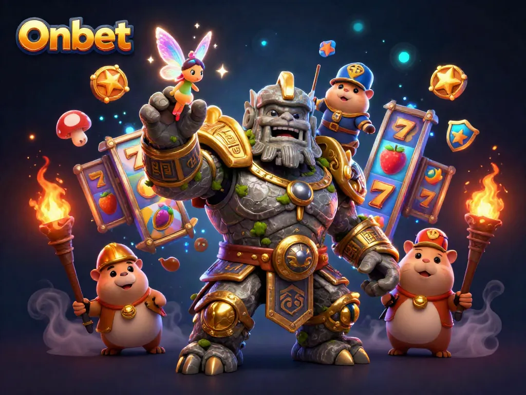 Engage with Onbet's thrilling slot adventure featuring a magical golem guardian and vibrant gaming elements.
