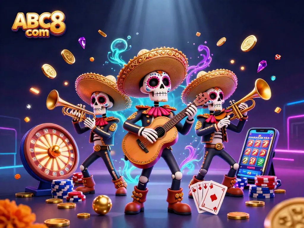 Winning big at ABC8 com with vibrant 3D casino elements and mariachi characters.