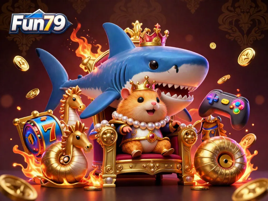 Join the golden hamster king at Fun79's vibrant casino scene, surrounded by lucky symbols and seahorse guards.