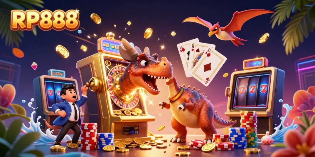 Experience the excitement of RP888 as cartoon characters animate a thrilling jackpot win in a colorful casino setting.