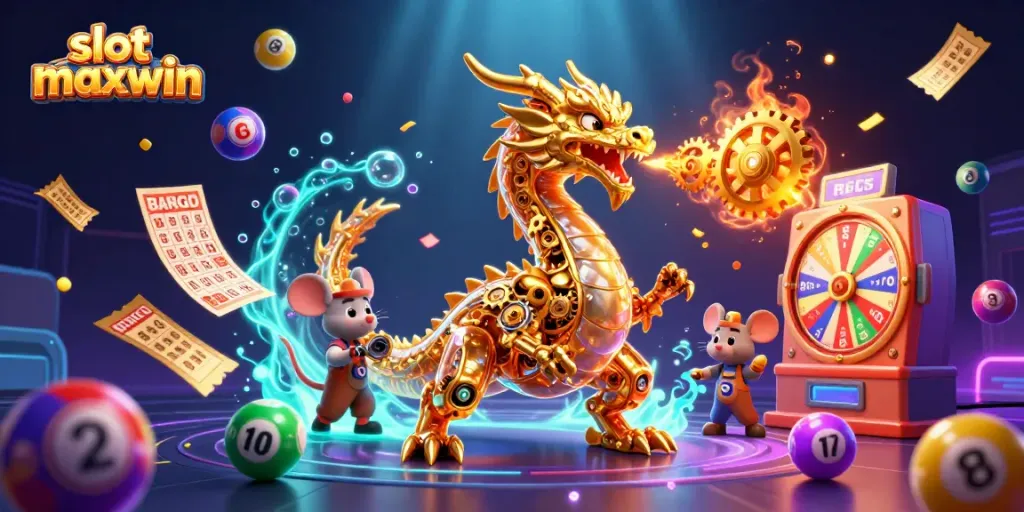 Engage with slot maxwin in a vibrant 3D scene featuring a golden dragon and animated lottery elements.