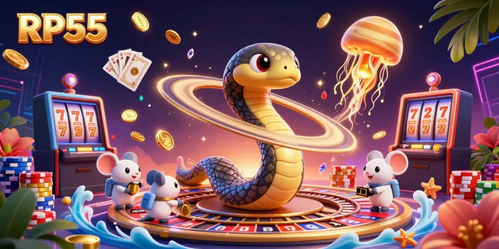 Pemain bertaruh pada roulette dan slot RP55 dengan ilustrasi tradisional kasino yang menarik.