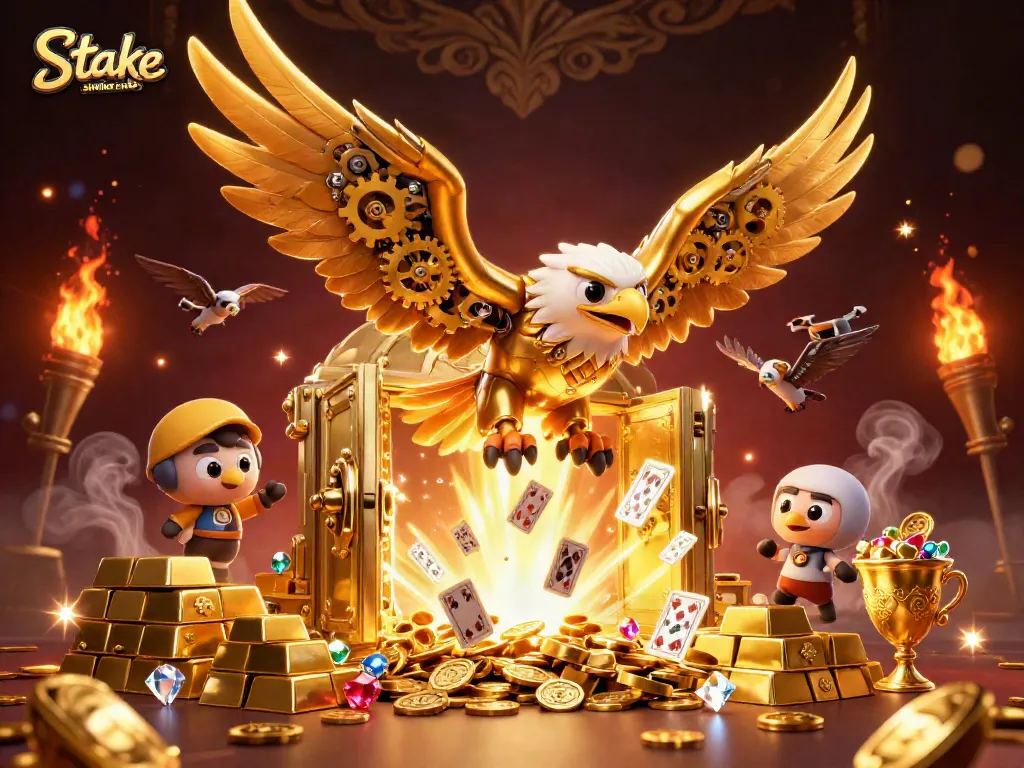 A dynamic scene showcasing stake.us similar sites with a golden eagle and treasures, encapsulating the casino gaming vibe.