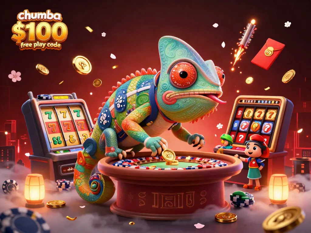 Engage with the chumba casino $100 free play code in this vibrant 3D casino scene featuring a chameleon owner and slot elements.